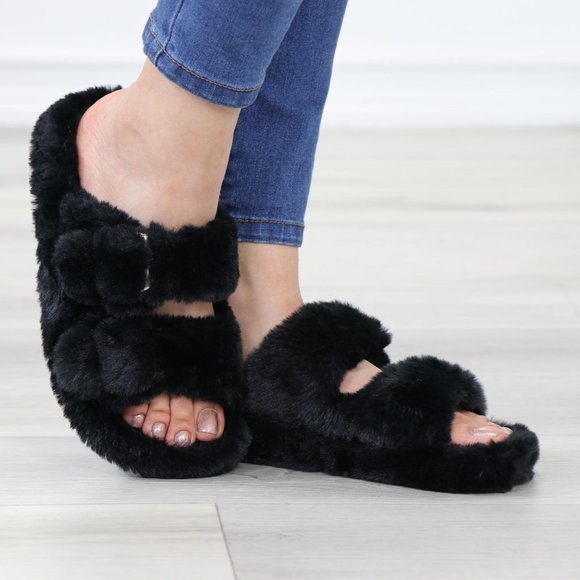 Black Puff Fuzzy Fluffy Slip On Plush Slippers Double Strap - Picture 11 of 16